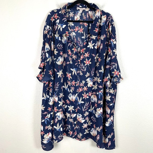 Woman Within Tops - Woman Within Plus 5X 38/40 Short Sleeve Button Up Blouse‎ Floral Pleated Shirt